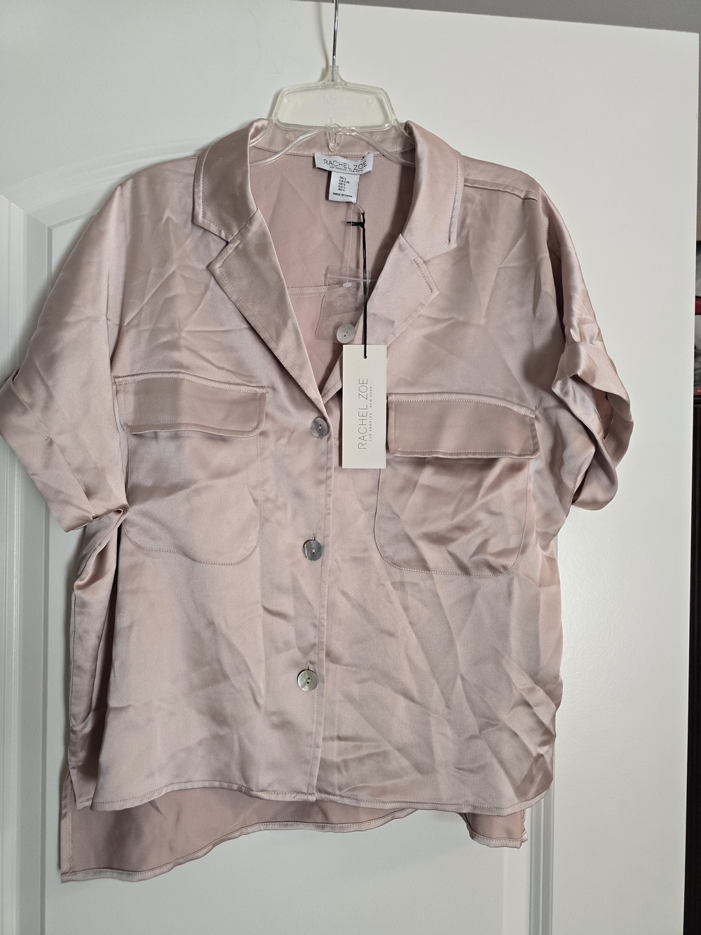 Rachel Zoe Soft Blush Satin Button-Front Short Sleeve Blouse NEW NWT L LG LARGE